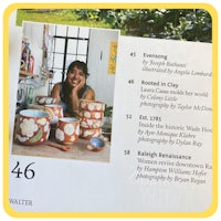 a magazine with a picture of a woman in front of a pot